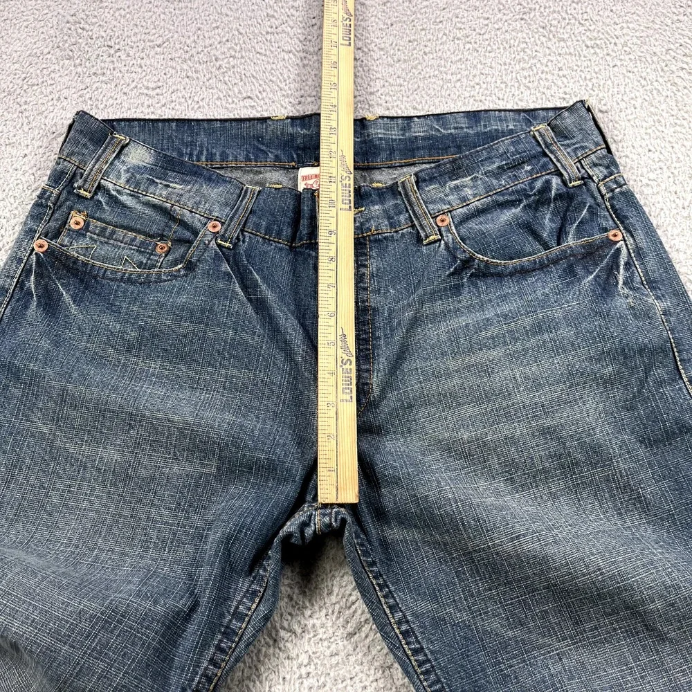 True Religion Logan Jeans Men 38 Blue Button Fly Distressed Split Hem‎ Whiskers